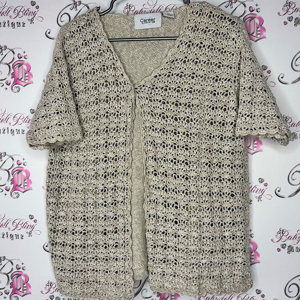 Career elements crochet knitted top cardigan short sleeve tan cream button open